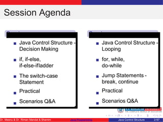 Session Agenda
Session
1
Java Control Structure -
Decision Making
if, if-else,
if-else-ifladder
The switch-case
Statement
Practical
Scenarios Q&A
Session
2
Java Control Structure -
Looping
for, while,
do-while
Jump Statements -
break, continue
Practical
Scenarios Q&A
Dr. Meenu & Dr. Riman Mandal & Shamim Java Programming Java Control Structure 2/67
 