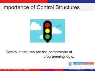 Importance of Control Structures
Control structures are the cornerstone of
programming logic.
Dr. Meenu & Dr. Riman Mandal & Shamim Java Programming Java Control Structure 5/67
 