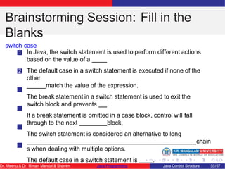 Brainstorming Session: Fill in the
Blanks
switch-case
1 In Java, the switch statement is used to perform different actions
based on the value of a .
2 The default case in a switch statement is executed if none of the
other
match the value of the expression.
3 The break statement in a switch statement is used to exit the
switch block and prevents .
4 If a break statement is omitted in a case block, control will fall
through to the next block.
5 The switch statement is considered an alternative to long
chain
s when dealing with multiple options.
6 The default case in a switch statement is .
Dr. Meenu & Dr. Riman Mandal & Shamim Java Programming Java Control Structure 55/67
 
