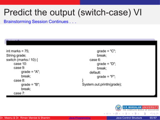 Predict the output (switch-case) VI
Brainstorming Session Continues . . .
Snipet 6
int marks = 75;
String grade;
switch (marks / 10) {
case 10:
case 9:
grade = "A";
break;
case 8:
grade = "B";
break;
case 7:
grade = "C";
break;
case 6:
grade = "D";
break;
default:
grade = "F";
}
System.out.println(grade);
Dr. Meenu & Dr. Riman Mandal & Shamim Java Programming Java Control Structure 65/67
 