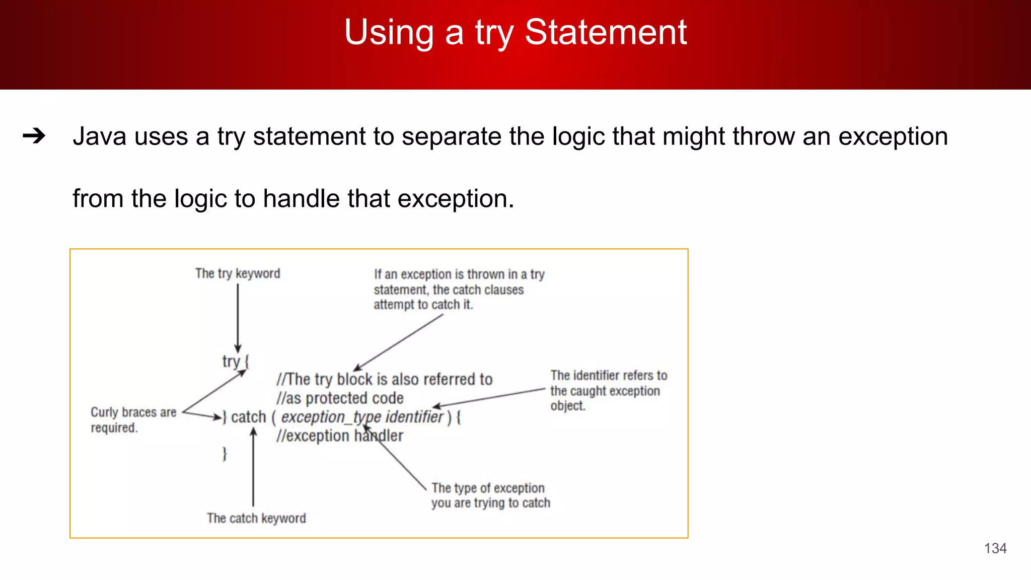 Using a try Statement
134
➔ Java uses a try statement to separate the logic that might throw an exception
from the logic to handle that exception.
 