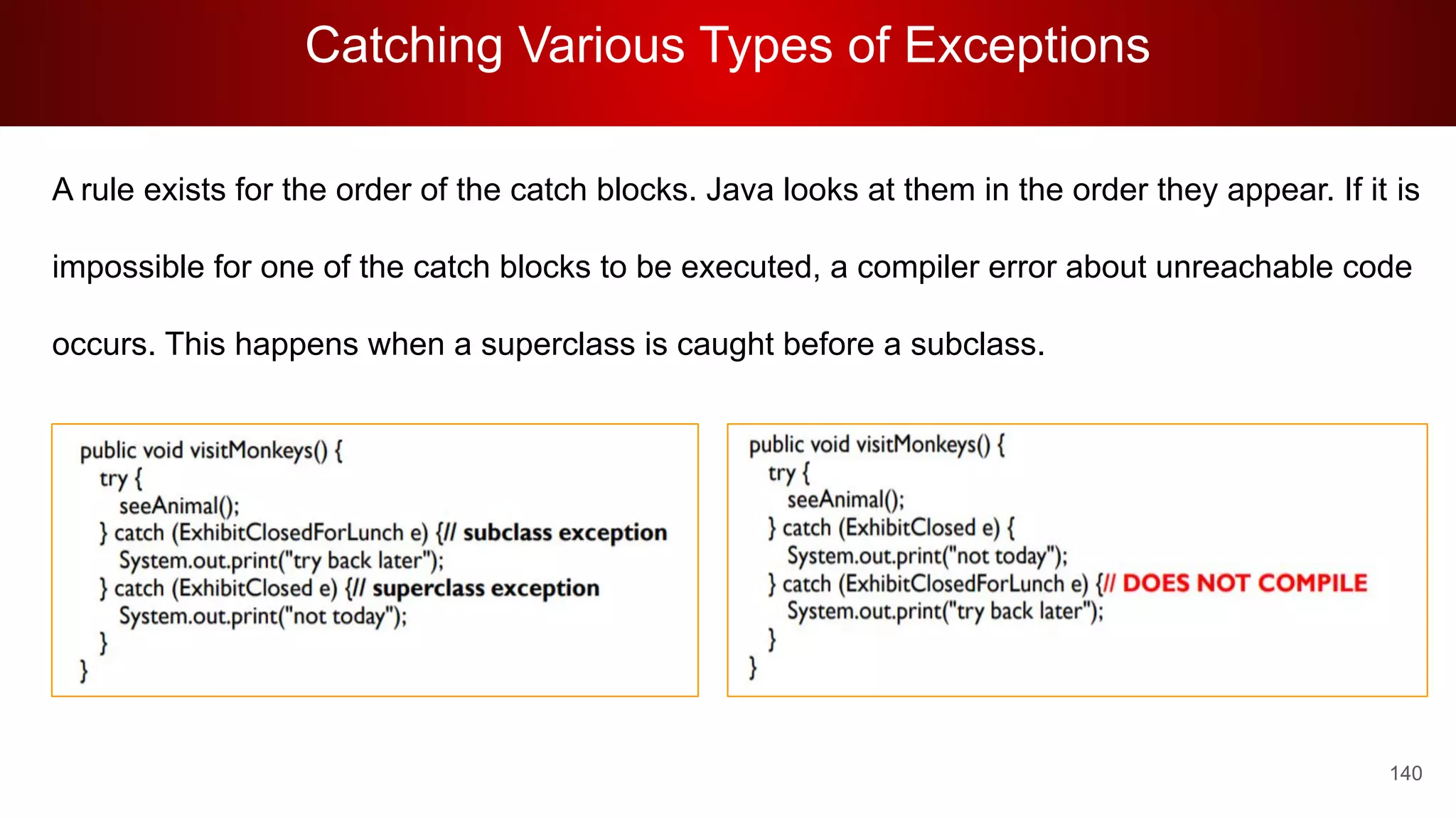Catching Various Types of Exceptions
140
A rule exists for the order of the catch blocks. Java looks at them in the order they appear. If it is
impossible for one of the catch blocks to be executed, a compiler error about unreachable code
occurs. This happens when a superclass is caught before a subclass.
 