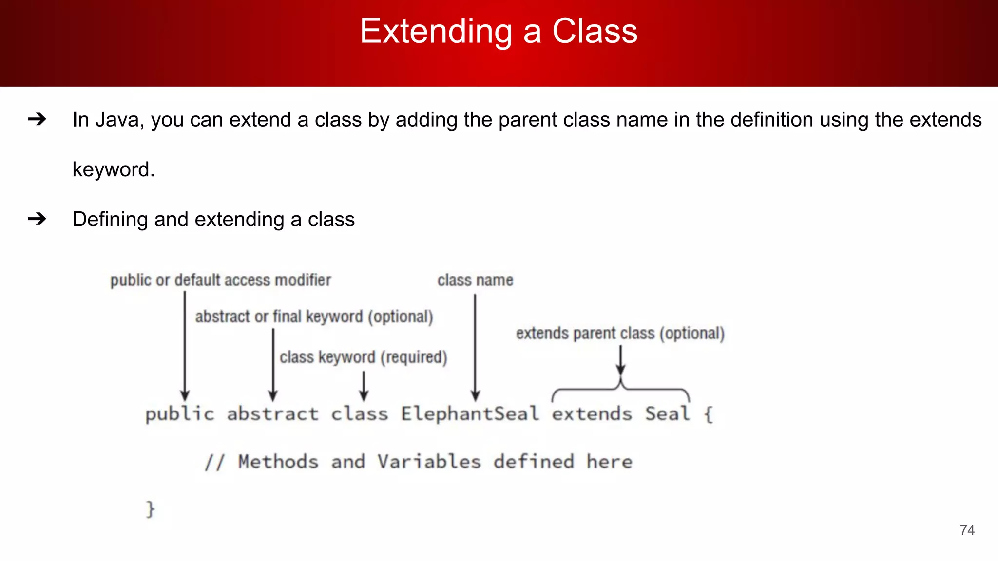 Extending a Class
74
➔ In Java, you can extend a class by adding the parent class name in the definition using the extends
keyword.
➔ Defining and extending a class
 