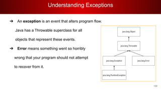Understanding Exceptions
130
➔ An exception is an event that alters program flow.
Java has a Throwable superclass for all
objects that represent these events.
➔ Error means something went so horribly
wrong that your program should not attempt
to recover from it.
 
