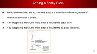 Adding a finally Block
136
➔ The try statement also lets you run code at the end with a finally clause regardless of
whether an exception is thrown.
➔ If an exception is thrown, the finally block is run after the catch block.
➔ If no exception is thrown, the finally block is run after the try block completes.
 