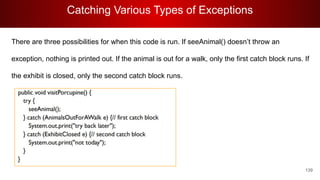 Catching Various Types of Exceptions
139
There are three possibilities for when this code is run. If seeAnimal() doesn’t throw an
exception, nothing is printed out. If the animal is out for a walk, only the first catch block runs. If
the exhibit is closed, only the second catch block runs.
 