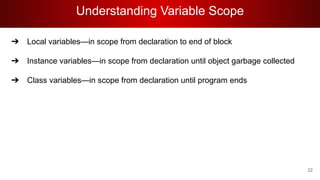 Understanding Variable Scope
➔ Local variables—in scope from declaration to end of block
➔ Instance variables—in scope from declaration until object garbage collected
➔ Class variables—in scope from declaration until program ends
22
 