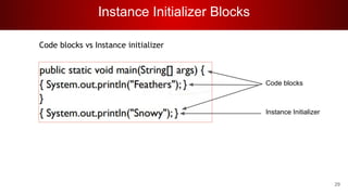 Instance Initializer Blocks
29
Instance Initializer
Code blocks
Code blocks vs Instance initializer
 