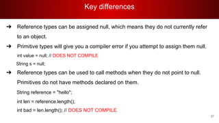 Key differences
37
➔ Reference types can be assigned null, which means they do not currently refer
to an object.
➔ Primitive types will give you a compiler error if you attempt to assign them null.
int value = null; // DOES NOT COMPILE
String s = null;
➔ Reference types can be used to call methods when they do not point to null.
Primitives do not have methods declared on them.
String reference = "hello";
int len = reference.length();
int bad = len.length(); // DOES NOT COMPILE
 