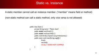 Static vs. Instance
56
A static member cannot call an instance member. (“member” means field or method)
(non-static method can call a static method, only vice versa is not allowed)
 