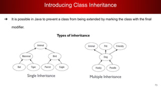 Introducing Class Inheritance
73
➔ It is possible in Java to prevent a class from being extended by marking the class with the final
modifier.
 