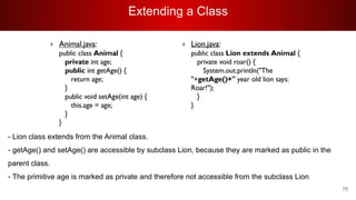 Extending a Class
75
- Lion class extends from the Animal class.
- getAge() and setAge() are accessible by subclass Lion, because they are marked as public in the
parent class.
- The primitive age is marked as private and therefore not accessible from the subclass Lion
 