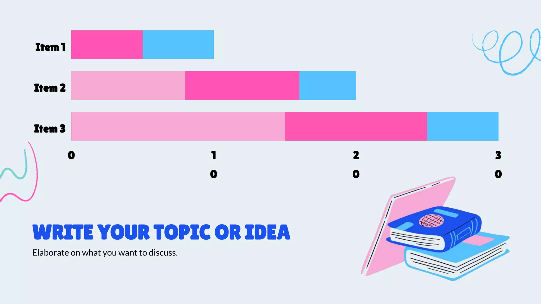 0 1
0
2
0
3
0
Item 1
Item 2
Item 3
WRITE YOUR TOPIC OR IDEA
Elaborate on what you want to discuss.
 