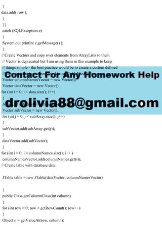 }
data.add( row );
}
}}
catch (SQLException e)
{
System.out.println( e.getMessage() );
}
// Create Vectors and copy over elements from ArrayLists to them
// Vector is deprecated but I am using them in this example to keep
// things simple - the best practice would be to create a custom defined
// class which inherits from the AbstractTableModel class
Vector columnNamesVector = new Vector();
Vector dataVector = new Vector();
for (int i = 0; i < data.size(); i++)
{
ArrayList subArray = (ArrayList)data.get(i);
Vector subVector = new Vector();
for (int j = 0; j < subArray.size(); j++)
{
subVector.add(subArray.get(j));
}
dataVector.add(subVector);
}
for (int i = 0; i < columnNames.size(); i++ )
columnNamesVector.add(columnNames.get(i));
// Create table with database data
JTable table = new JTable(dataVector, columnNamesVector)
{
public Class getColumnClass(int column)
{
for (int row = 0; row < getRowCount(); row++)
{
Object o = getValueAt(row, column);
 