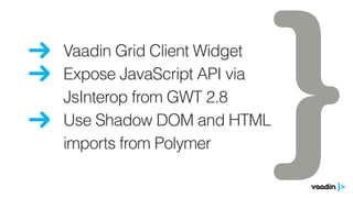 Vaadin Grid Client Widget
Expose JavaScript API via
JsInterop from GWT 2.8
Use Shadow DOM and HTML
imports from Polymer
 