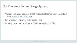 Copyright	
  ©	
  2015,	
  Oracle	
  and/or	
  its	
  affiliates.	
  All	
  rights	
  reserved. 14
File	
  Concatenation	
  and	
  Image	
  Sprites
14
• Modern	
  web	
  page	
  consists	
  of	
  +90	
  resources	
  fetched	
  from	
  15	
  distinct	
  
hosts	
  (http://httparchive.org)	
  
• TCP	
  Efficiency	
  Improves	
  with	
  Larger	
  Files	
  
• Shoving	
  more	
  than	
  one	
  logical	
  file	
  into	
  one	
  physical	
  file
 