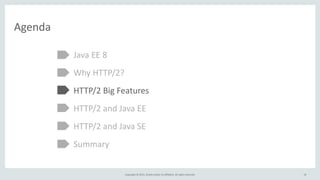 Copyright	
  ©	
  2015,	
  Oracle	
  and/or	
  its	
  affiliates.	
  All	
  rights	
  reserved.
Agenda
Java	
  EE	
  8	
  
Why	
  HTTP/2?	
  
HTTP/2	
  Big	
  Features	
  
HTTP/2	
  and	
  Java	
  EE	
  
HTTP/2	
  and	
  Java	
  SE	
  
Summary
19
 