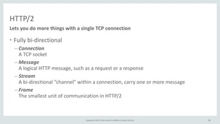 Copyright	
  ©	
  2015,	
  Oracle	
  and/or	
  its	
  affiliates.	
  All	
  rights	
  reserved. 21
HTTP/2
• Fully	
  bi-­‐directional	
  
– Connection 
A	
  TCP	
  socket	
  
– Message	
   
A	
  logical	
  HTTP	
  message,	
  such	
  as	
  a	
  request	
  or	
  a	
  response	
  	
  
– Stream 
A	
  bi-­‐directional	
  “channel”	
  within	
  a	
  connection,	
  carry	
  one	
  or	
  more	
  message	
  
– Frame 
The	
  smallest	
  unit	
  of	
  communication	
  in	
  HTTP/2
21
Lets	
  you	
  do	
  more	
  things	
  with	
  a	
  single	
  TCP	
  connection
 