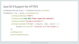 Copyright	
  ©	
  2015,	
  Oracle	
  and/or	
  its	
  affiliates.	
  All	
  rights	
  reserved.
Java	
  SE	
  9	
  Support	
  for	
  HTTP/2
HttpRequestGroup	
  group	
  =	
  HttpRequestGroup.create();	
  
HttpRequest	
  req	
  =	
  group.createRequest()	
  
	
  	
  	
  	
  	
  	
  	
  	
  .setRequestMethod("POST")	
  
	
  	
  	
  	
  	
  	
  	
  	
  .setRequestURI(new	
  URI("http://www.foo.com/a/b")	
  
	
  	
  	
  	
  	
  	
  	
  	
  .setRequestBody("Param1=1,Param2=2")	
  
	
  	
  	
  	
  	
  	
  	
  	
  .onResponseHeader("X-­‐Foo",	
  (request,	
  name,	
  value)	
  -­‐>	
  {	
  
	
  	
  	
  	
  	
  	
  	
  	
  	
  	
  	
  	
  	
  	
  System.out.printf("	
  received	
  an	
  X-­‐Foo	
  header");	
  
	
  	
  	
  	
  	
  	
  	
  	
  })	
  
	
  	
  	
  	
  	
  	
  	
  .sendRequest()	
  
	
  	
  	
  	
  	
  	
  	
  .waitForCompletion();
39
 