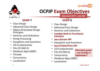OCPJP Exam Objectives
OCPJP 7
• Class Design
• Advanced Class Design
• Object-Orientated Design
Principles
• Generics and Collections
Beta (April 25th) - only $50
• Class Design
• Advanced Class Design
• Generics and Collections
• Lambda Built-in Functional
Interface
OCPJP 8
• Generics and Collections
• String Processing
• Exceptions and Assertions
• I/O Fundamentals
• File I/O (NIO.2)
• Database Apps (JDBC)
• Threads
• Concurrency
• Localization
www.hujak.hr18
Educated guess
– out of beta in
September?
Interface
• Java Stream API
• Exceptions and Assertions
• Java 8 Date/Time API
• I/O Fundamentals
• File I/O (NIO.2)
• Concurrency
• Database Apps (JDBC)
• Localization
 