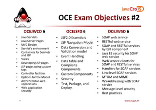 OCE Exam Objectives #2
OCEJWCD 6
• Java Servlets
• Java Server Pages
• MVC Design
• Servlet's environment
• Containers for Servlets
and JSP
OCEJSFD 6
• JSF2.0 Essentials
• JSF Navigation Model
• Data Conversion and
Validation model
• Event Handling
OCEJWSD 6
• SOAP web service
• RESTful web service
• SOAP and RESTful services
by EJB component
• Java EE security for SOAP
web serviceand JSP
• Views
• Developing JSP pages
• JSP pages using custom
tags
• Controller facilities
• Options for the Model
• Asynchronous web
applications
• Web application
security
• Event Handling
• Data table and
Composite
Components
• Custom Components
• Security
• Test, Package, and
Deploy
www.hujak.hr24
• Java EE security for SOAP
web service
• Web service clients for
SOAP and RESTful services
• Handlers for SOAP services
• Low-level SOAP services
• MTOM and MIME
• WS-Addressing with SOAP
service
• Message Level security
• Best practices
 