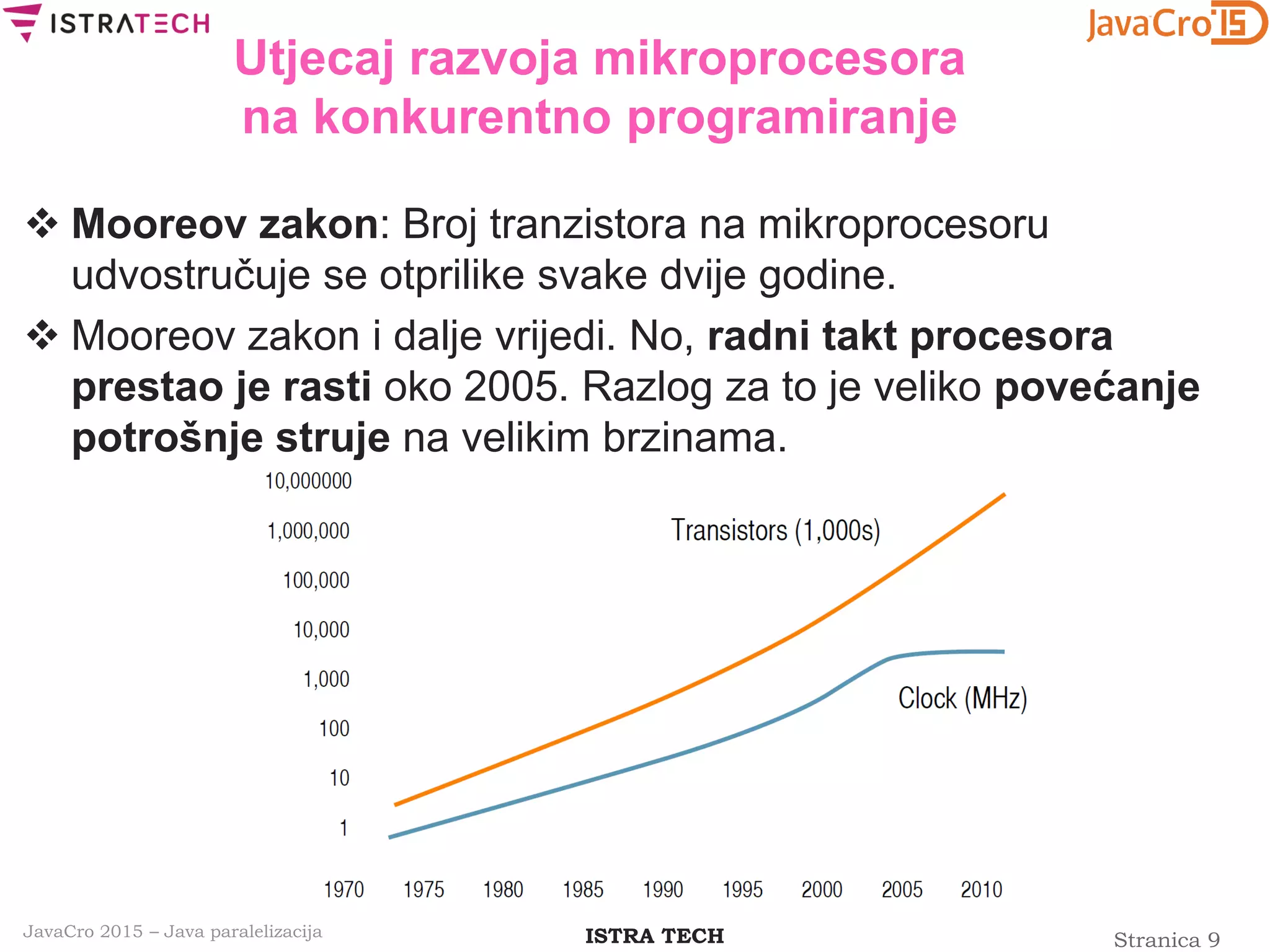 Stranica 9ISTRA TECHJavaCro 2015 – Java paralelizacija
Utjecaj razvoja mikroprocesora
na konkurentno programiranje
 Mooreov zakon: Broj tranzistora na mikroprocesoru
udvostručuje se otprilike svake dvije godine.
 Mooreov zakon i dalje vrijedi. No, radni takt procesora
prestao je rasti oko 2005. Razlog za to je veliko povećanje
potrošnje struje na velikim brzinama.
 