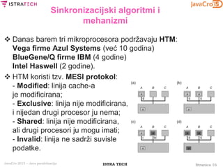 Stranica 16ISTRA TECHJavaCro 2015 – Java paralelizacija
Sinkronizacijski algoritmi i
mehanizmi
 Danas barem tri mikroprocesora podržavaju HTM:
Vega firme Azul Systems (već 10 godina)
BlueGene/Q firme IBM (4 godine)
Intel Haswell (2 godine).
 HTM koristi tzv. MESI protokol:
- Modified: linija cache-a
je modificirana;
- Exclusive: linija nije modificirana,
i nijedan drugi procesor ju nema;
- Shared: linija nije modificirana,
ali drugi procesori ju mogu imati;
- Invalid: linija ne sadrži suvisle
podatke.
 