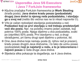 Stranica 37ISTRA TECHJavaCro 2015 – Java paralelizacija
Usporedba Java 5/6 Executora
i Java 7 ForkJoin frameworka
 Ključna značajka ForkJoin frameworka je Work Stealing
(krađa posla). Java dretve kradu posao (podzadatak)
drugoj Java dretvi iz njenog reda podzadataka, i stavljaju
ga u svoj red (nešto što većina nas ne bi nikad napravila ).
 Vrlo je važan redoslijed stavljanja podzadataka u red.
Podzadaci koji se prvi stavljaju u red trebaju predstavljati
veći dio posla. Npr. na početku imamo jedan zadatak, koji
pokriva 100% posla. Njega dijelimo u dva podzadatka, svaki
po (otprilike) 50% posla. Prvi stavljamo u red, a drugi
obrađujemo, pri čemu drugi opet dijelimo u polovice, itd.
 One Java dretve koje nemaju posla (tj. njihov red je prazan),
kradu posao drugim Java dretvama, i to tako da uzmu posao
(podzadatak) koji je najstariji u redu, a to je istovremeno i
najveći posao iz reda druge Java dretve.
 Sljedeća slika pokazuje ta događanja, sa 4 Java dretve.
 