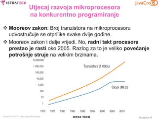 Stranica 9ISTRA TECHJavaCro 2015 – Java paralelizacija
Utjecaj razvoja mikroprocesora
na konkurentno programiranje
 Mooreov zakon: Broj tranzistora na mikroprocesoru
udvostručuje se otprilike svake dvije godine.
 Mooreov zakon i dalje vrijedi. No, radni takt procesora
prestao je rasti oko 2005. Razlog za to je veliko povećanje
potrošnje struje na velikim brzinama.
 
