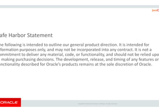 afe Harbor Statement
he following is intended to outline our general product direction. It is intended for
nformation purposes only, and may not be incorporated into any contract. It is not a
ommitment to deliver any material, code, or f
Copyright ©
ommitment to deliver any material, code, or f
n making purchasing decisions. The developm
unctionality described for Oracle’s products remains at the sole discretion of Oracle.
he following is intended to outline our general product direction. It is intended for
nformation purposes only, and may not be incorporated into any contract. It is not a
, or functionality, and should not be relied upon
Copyright © 2015 Oracle and/or its affiliates. All rights reserved.
, or functionality, and should not be relied upon
pment, release, and timing of any features or
unctionality described for Oracle’s products remains at the sole discretion of Oracle.
 