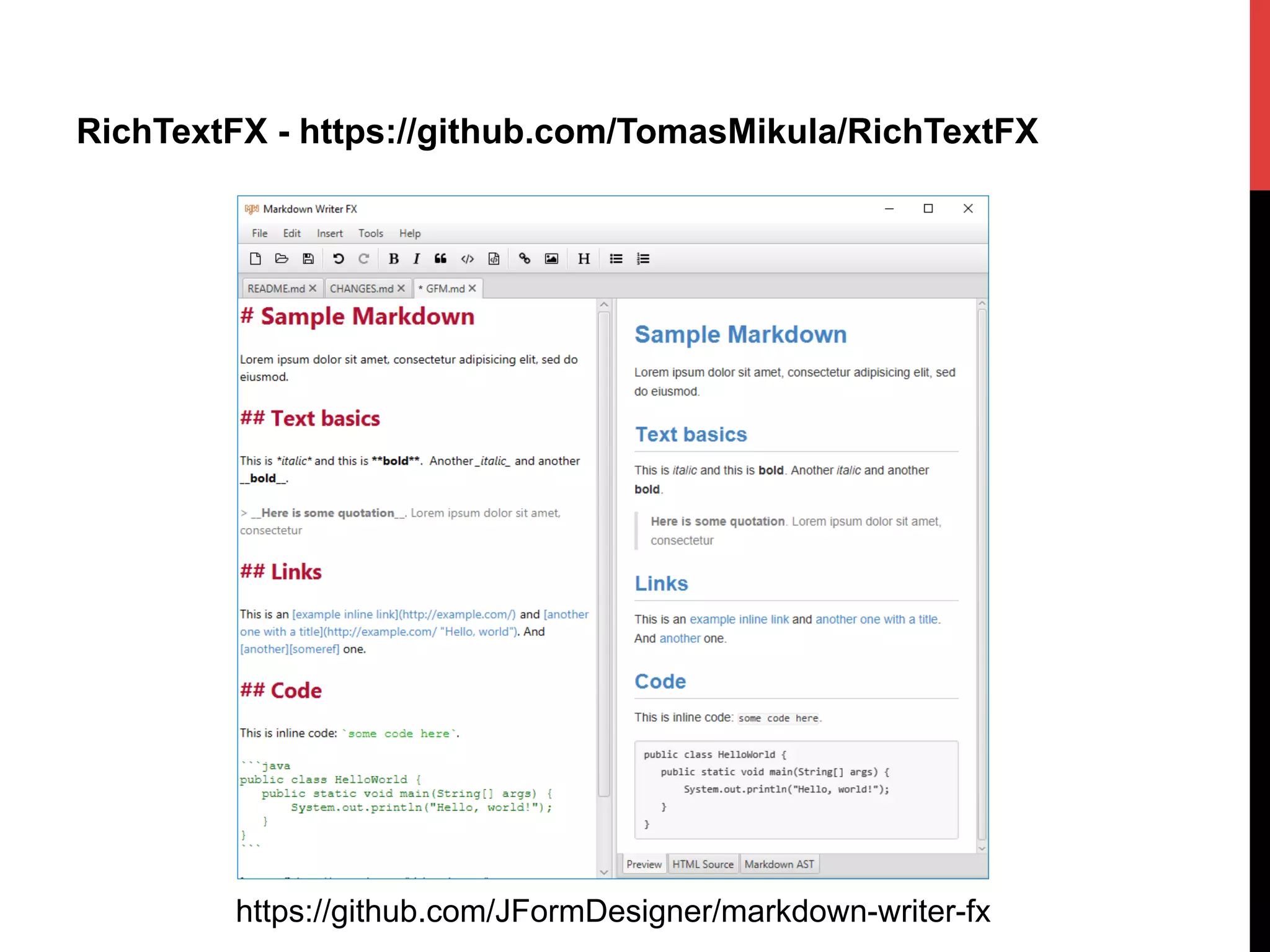 RichTextFX - https://github.com/TomasMikula/RichTextFX
https://github.com/JFormDesigner/markdown-writer-fx
 