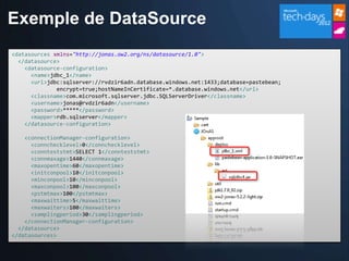 Exemple de DataSource
<datasources xmlns="http://jonas.ow2.org/ns/datasource/1.0">
  </datasource>
    <datasource-configuration>
      <name>jdbc_1</name>
      <url>jdbc:sqlserver://rvdzir6adn.database.windows.net:1433;database=pastebean;
              encrypt=true;hostNameInCertificate=*.database.windows.net</url>
      <classname>com.microsoft.sqlserver.jdbc.SQLServerDriver</classname>
      <username>jonas@rvdzir6adn</username>
      <password>*****</password>
      <mapper>rdb.sqlserver</mapper>
    </datasource-configuration>

    <connectionManager-configuration>
      <connchecklevel>0</connchecklevel>
      <connteststmt>SELECT 1</connteststmt>
      <connmaxage>1440</connmaxage>
      <maxopentime>60</maxopentime>
      <initconpool>10</initconpool>
      <minconpool>10</minconpool>
      <maxconpool>100</maxconpool>
      <pstmtmax>100</pstmtmax>
      <maxwaittime>5</maxwaittime>
      <maxwaiters>100</maxwaiters>
      <samplingperiod>30</samplingperiod>
    </connectionManager-configuration>
  </datasource>
</datasources>
 