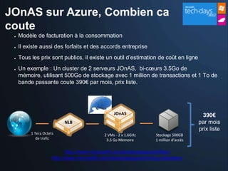 JOnAS sur Azure, Combien ca
coute
 ●   Modèle de facturation à la consommation
 ●   Il existe aussi des forfaits et des accords entreprise
 ●   Tous les prix sont publics, il existe un outil d’estimation de coût en ligne
 ●   Un exemple : Un cluster de 2 serveurs JOnAS, bi-cœurs 3.5Go de
     mémoire, utilisant 500Go de stockage avec 1 million de transactions et 1 To de
     bande passante coute 390€ par mois, prix liste.




                                                 JOnAS                                  390€
                           NLB                                                         par mois
                                                                                       prix liste
          1 Tera Octets                     2 VMs - 2 x 1.6GHz     Stockage 500GB
             de trafic                       3.5 Go Mémoire        1 million d’accès

                             http://www.microsoft.com/windowsazure/offers/
                      http://www.microsoft.com/windowsazure/pricing-calculator/
 