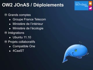OW2 JOnAS / Déploiements

  Grands comptes
    Groupe France Telecom

    Ministère de l’intérieur

    Ministère de l’écologie

  Intégrations
    Ubuntu 11.10

  Projets collaboratifs
    Compatible One

    4CaaST
 