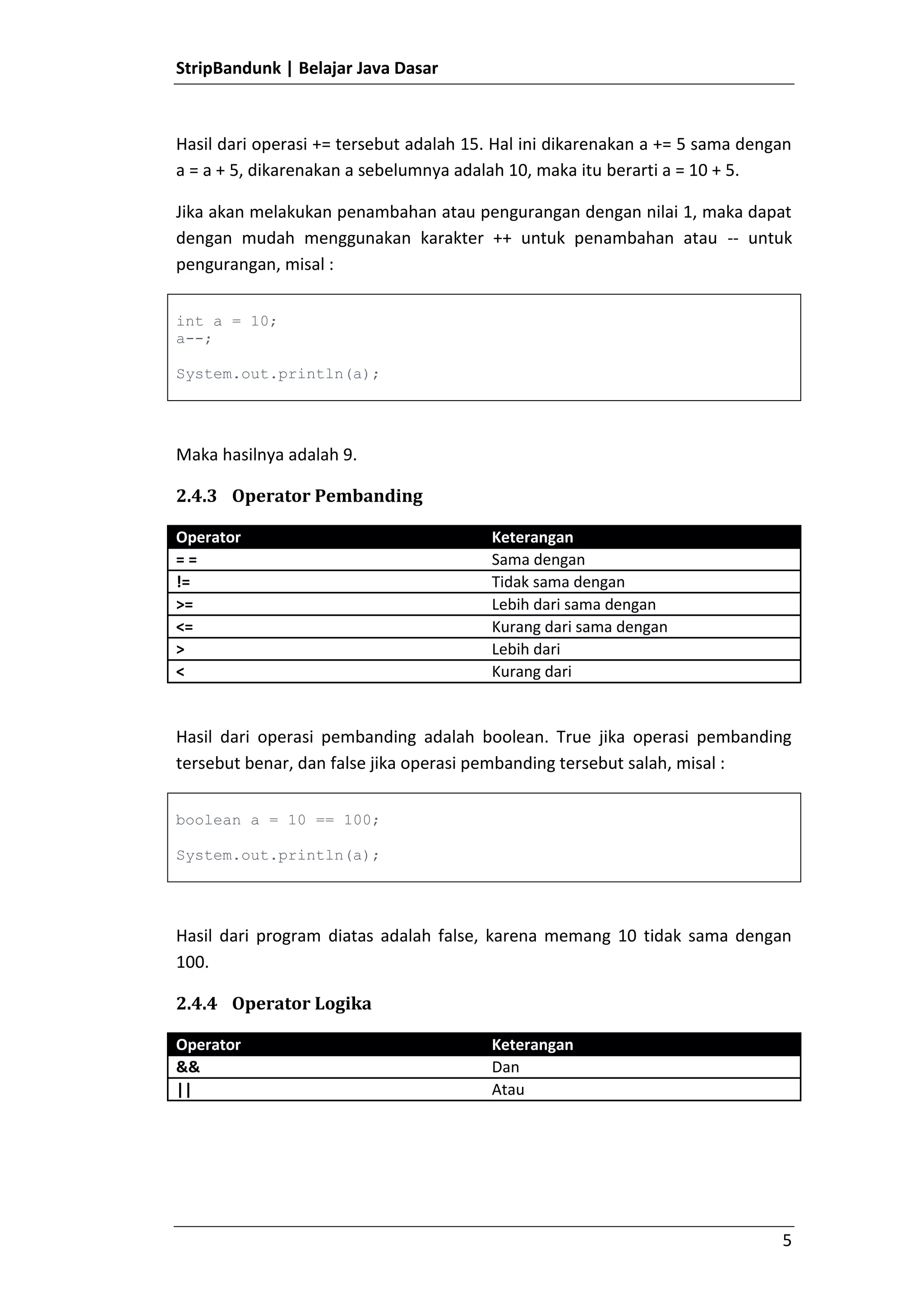 Tidak boleh mengandung karakter putih (spasi, enter, tab)Operator<br />Operator merupakan sebuah karakter khusus yang digunakan untuk menghasilkan suatu nilai.<br />Operator Aritmatika<br />OperatorKeterangan+Penjumlahan-Pengurangan*Perkalian/Pembagian%Sisa pembagian<br />Contoh :<br />int a = 10;int b = 3;int c = a / b;System.out.println(c);<br />Hasil dari kode program diatas adalah 3 bukan 3.333. Hal ini dikarenakan dalam Java jika kita melakukan operasi pembagian dengan tipe data integer, maka hasilnyapun akan integer, dan integer tidak dapat mengandung nilai koma dalam Java, sehingga jika akan melakukan perkalian yang menghasilkan nilai koma, maka harus menggunakan tipe data double atau float.<br />Operator Penugasan<br />OperatorKeterangan=Pemberian nilai+=Penambahan bilangan-=Pengurangan bilangan*=Perkalian bilangan/=Pembagian bilangan%=Pemerolehan sisa bagi<br />Contoh <br />int a = 10;a += 5;System.out.println(a);<br />Hasil dari operasi += tersebut adalah 15. Hal ini dikarenakan a += 5 sama dengan a = a + 5, dikarenakan a sebelumnya adalah 10, maka itu berarti a = 10 + 5.<br />Jika akan melakukan penambahan atau pengurangan dengan nilai 1, maka dapat dengan mudah menggunakan karakter ++ untuk penambahan atau -- untuk pengurangan, misal :<br />int a = 10;a--;System.out.println(a);<br />Maka hasilnya adalah 9.<br />Operator Pembanding<br />OperatorKeterangan= =Sama dengan!=Tidak sama dengan>=Lebih dari sama dengan<=Kurang dari sama dengan>Lebih dari<Kurang dari<br />Hasil dari operasi pembanding adalah boolean. True jika operasi pembanding tersebut benar, dan false jika operasi pembanding tersebut salah, misal :<br />boolean a = 10 == 100;System.out.println(a);<br />Hasil dari program diatas adalah false, karena memang 10 tidak sama dengan 100.<br />Operator Logika<br />OperatorKeterangan&&Dan||Atau<br />Operator logika digunakan untuk membentuk suatu keadaan dari dua atau lebih kondisi tertentu, operator logika biasanya digabungkan dengan operator pembanding. Hasil dari operator logika adalah boolean.<br />Hasil operasi logika dengan menggunakan && adalah sebagai berikut.<br />Operasi 1Operasi 2Hasil FalseFalseFalseFalseTrueFalseTrueFalseFalseTrueTrueTrue<br />Hasil operasi logika dengan menggunakan || adalah sebagai berikut.<br />Operasi 1Operasi 2Hasil FalseFalseFalseFalseTrueTrueTrueFalseTrueTrueTrueTrue<br />Contoh.<br />boolean hasil = 10 == 100 || 100 == 100;System.out.println(hasil);<br />Maka hasilnya adalah true.<br />Percabangan<br />Percabangan if<br />Pernyataan if merupakan salah satu bentuk pernyataan yang berguna untuk mengambil keputusan terhadap sebuah kemungkinan. Bentuk pernyataan if berupa :<br />if(kondisi){     // yang akan dijalankan}<br />Contoh :<br />int nilai = 10;if(nilai == 10){    System.out.println(\"
Sepuluh\"
);}<br />Jika program diatas dijalankan, maka hasilnya adalah tulisan “Sepuluh” karena kondisi pada if bernilai true, jika kondisi bernilai salah, misal nilai ==  100, maka program tidak akan menghasilkan tulisan apa-apa.<br />Percabangan if-else<br />Percabangan if-else merupakan percabangan yang sama dengan percabangan if namun memiliki kondisi false, artinya jika kondisi pada if tidak terpenuhi maka perintah pada else akan dijalankan. Bentuk pernyataan if-else berupa :<br />if(kondisi){    // jalankan jika kondisi true}else{    // jalankan jika kondisi false}<br />Misal<br />int nilai = 8;if(nilai == 10){    System.out.println(\"
Sepuluh\"
);}else{    System.out.println(\"
Bukan Sepuluh\"
);}<br />Jika program diatas dijalankan, maka hasilnya adalah tulisan “Bukan Sepuluh”, hal ini dikarenakan nilai bernilai 8, bukan 10.<br />Percabangan if bersarang<br />Percabangan if bersarang merupakan gabungan beberapa if dan dapat pula digabung dengan if-else. Bentuk pernyataan if bersarang adalah sebaga berikut :<br />if(kondisi1){   // perintah kondisi1}else if(kondisi2){   // perintah kondisi2}else if(kondisi3){   // perintah kondisi3}else{   // perintah jika semua kondisi tidak ada yang benar}<br />Misal.<br />int nilai = 6;char index;if(nilai >= 8){    index = 'A';}else if(nilai >= 7){    index = 'B';}else if(nilai >= 6){    index = 'C';}else if(nilai >= 5){    index = 'D';}else{    index = 'E';}System.out.println(index);<br />Jika program diatas dijalankan, maka hasilnya adalah ‘C’.<br />Percabangan switch-case<br />Percabangan switch-case merupakan percabangan yang kondisinya hanya dapat menggunakan perbandingan == (sama dengan). Bentuk pernyataan percabangan switch-case adalah sebagai berikut :<br />switch(variabel){    case nilai1:        // jalankan instruksi        break; // hentikan    case nilai2:        // jalankan instruksi        break; // hentikan    case nilai2:        // jalankan instruksi        break; // hentikan    case nilai4:        // jalankan instruksi        break; // hentikan    default:        // jalankan instruksi        break; // hentikan}<br />Pada percabangan switch pertama, diperlukan sebuah variabel, setelah itu bada bagian case dibandingkan, jika sama, maka instruksi akan dijalankan sampai menemui tanda break. Misal :<br />int hari = 5;switch(hari){    case 1:    case 2:    case 3:    case 4:    case 5:    case 6:        System.out.println(\"
Bukan Hari Libur\"
);        break;    case 7:        System.out.println(\"
Hari Libur\"
);        break;    default:        System.out.println(\"
Hari Tidak Diketahui\"
);        break;}<br />Jika program diatas dijalankan, maka program akan menghasilkan tulisan “Bukan Hari Libur”. <br />Perulangan<br />Perulangan while<br />Pernyataan while berguna untuk melakukan proses perulangan untuk sebuah kondisi, selama kondisi tersebut bernilai benar (true), maka perulangan akan terus berjalan, dan terhenti ketika kondisi bernilai salah (false). Bentuk pernyataan while seperti berikut ini :<br />while(kondisi){    // isi instruksi}<br />Misal :<br />int jumlah = 1;while(jumlah <= 10){    System.out.println(jumlah);    jumlah++; // menaikkan jumlah}<br />Jika program tersebut dijalankan, maka hasilnya adalah tulisan dari no 1 sampai 10. Dan saat jumlah bernilai 11, maka perulangan akan terhenti dikarenakan kondisi bernilai false (11 <= 10)<br />Perulangan do-while<br />Perulangan do-while merupakan perulangan yang hampir mirip dengan perulangan while namun perbedaannya, pada perulangan do-while, maka minimal instruksi akan dijalankan sekali. Bentuk pernyataan do-while sebagai berikut :<br />do{   // insturksi}while(kondisi);<br />Misal.<br />int jumlah = 100;do{    System.out.println(jumlah);    jumlah++; // naikkan jumlah}while(jumlah <= 10);<br />Jika program tersebut dijalankan, maka akan menghasilkan keluaran 100, artinya walaupun kondisi salah, namun minimal isi instruksi akan dijalankan sekali, hal ini dikarenakan proses do-while berbeda dengan while, dimana do-while pertama melakukan instruksi baru mengecek kondisi, sedangkan while pertama mengecek kondisi baru melakukan instruksi.<br />Perulangan for<br />Perulangan for merupakan perulangan yang memiliki variabel untuk melakukan pengkondisian, berbeda dengan while dan do-while yang kita harus membuat sebuah variabel diluar untuk melakukan penkondisian, pada perulangan for, ditempatkan sebuah blok untuk membuat variabel dan melakukan proses pengkondisian. Bentuk pernyataan for seperti berikut :<br />for(inisialisasi; kondisi; penaikan/penurunan){   instruksi}<br />Misal kita akan menampilkan angka dari 1 = 100, maka dapat menggunakan perulangan for.<br />for(int i = 1; i <= 100; i++){    System.out.println(i);}<br />Perintah break<br />Perintah break merupakan perintah yang dapat digunakan untuk menghentikan proses perulangan, misal jika kita membuat program seperti berikut :<br />for(int i = 1; i <= 100; i++){    System.out.println(i);    if(i == 50){        break;    }}<br />Maka program hanya akan menampilkan angka dari 1 sampai 50, karena pada saat i mencapai 50, program dihentikan oleh perintah break.<br />Perintah continue<br />Perintah continue dapat digunakan untuk meloncati sebuah perulangan, maksudnya adalah instruksi yang seharusnya dapat dilewat, hal ini berarti instrukti tidak akan dijalankan. Misal.<br />for(int i = 1; i <= 100; i++){    if(i % 2 == 0){        continue;    }    System.out.println(i);}<br />Jika program diatas dijalankan, maka hasilnya akan menampilkan angka-angka ganjil saja, hal ini dikarenakan saat nilai i merupakan angka genap, maka perintah continue membuat program tidak menampilkan angka genap.<br />Array<br />Array merupakan objek yang dapat digunakan untuk menyimpan sejumlah data.Data yang dapat ditampung pada array dapat berupa tipe data ataupun kelas (objek).<br />Mendeklarasikan Array<br />Untuk membuatan variabel array pun berbeda dengan membuat variabel biasanya yaitu sebagai berikut :<br />TipeArray namaArray[];<br />Dimana tipe array dapat berupa tipe data biasa seperti int, char, short atau juga kelas seperti String dan yang lainnya.<br />Membuat Array<br />Setelah mendeklarasikan Array, maka perlu dibuat arraynya terlebih dahulu, sebelum array tersebut digunakan, caranya dengan menggunakan perintah new.<br />TipeArray namaArray[];namaArray = new TipeArray[jumlah];<br />Dimana jumlah array merupakan jumlah data yang dapat ditampung oleh array.<br />Memanipulasi Data dalam Array<br />Setelah membuat Array, maka untuk melakukan proses manipulasi seperti menambahkan data ke Array, mengubah data di Array ataupun mengakses data dalam Array, maka diperlukan sebuah indeks, dimana saat membuat sebuah array dengan jumlah data 5, maka hasilnya akan terlihat seperti ini.<br />NoIndeks1021324354<br />Artinya data ke 1 dapat diakses menggunakan indeks 0 dan seterusnya. Dan untuk melakukan proses manipulasi data dalam array menggunakan indeks dapat digunakan dengan perintah :<br />namaArray[indeks];<br />Misal :<br />int a[] = new int[5];a[0] = 234;a[1] = 6867;a[2] = 4234;a[3] = 564;a[4] = 2423;System.out.println(a[0]);System.out.println(a[1]);System.out.println(a[2]);System.out.println(a[3]);System.out.println(a[4]);<br />Array Multidimensi<br />Java mendukung pembuatan array multidimensi maksudnya kita dapat menambahkan data array ke dalam sebuah array, cara pembuatannya adalah sebagai berikut :<br />TipeArray namaArray[][] = new TipeArray[jumlah][jumlah];<br />Pemrograman Berorientasi Objek<br />Pemrograman berorientasi objek merupakan pemrograman yang menjadikan objek sebagai komponen utama dalam sistem.Objek merupakan gabungan data dan fungsi, dimana sebuah objek dibuat dari sebuah kelas.<br />Object<br />Objek merupakan hasil dari sebuah kelas, jika diibaratkan Objek adalah kue, maka kelas adalah cetakan kuenya, dimana kue dibuat menggunakan cetakan tersebut.Dan sebuah cetakan kue dapat membuat beberapa kue, artinya sebuah kelas dapat membuat beberapa object.<br />Untuk membuat objek dalam Java diperlukan sebuah perintah new, dimana cara pembuatannya sama dengan pembuatan variabel.<br />Kelasobjek = new Kelas();<br />Jika dalam kelas yang dibuat objek tersebut terdapat atribut, maka dapat dipanggil menggunakan . (titik)<br />// mengubah atributobjek.namaAtribut = value;<br />Jika dalam kelas tersebut memiliki sebuah fungsi (metode), maka dapat dipanggil menggunakan . (titik) dan diakhiri dengan () <br />// memanggil fungsiobjek.namaFungsi();<br />Class<br />Dalam Java, kelas didefinisikan menggunakan kata kunci class. Contoh kelas sederhana adalah sebagai berikut :<br />class Manusia {    String nama;}<br />Pada kode diatas, kelas yang telah dibuat adalah kelas Manusia. Dan nama merupakan atribut yang dimiliki kelas Manusia tersebut. Contoh pembuatan objek untuk kelas manusia adalah sebagai berikut :<br />// membuat objek manusiaManusia manusia = new Manusia();// mengubah nama objek manusiamanusia.nama = \"
Eko Kurniawan Khannedy\"
;<br />Metode<br />Dalam java terdapat dua buah metode<br />Fungsi, merupakan metode yang memiliki nilai balik jika metode tersebut dipanggil, cara pembuatan sebuah fungsi adalah dengan cara menentukan nilai baliknya, lalu membuat nama metodenya.