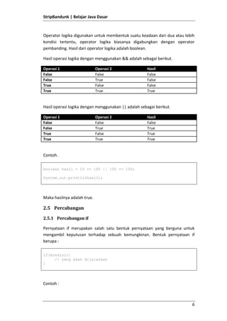 Prosedur, merupakan metode yang tidak memiliki nilai balik, cara pembuatan prosedur sama dengan fungsi namun bedanya, nilai baliknya menggunakan kata kunci void.Contoh :<br />class Manusia {    String nama;    // fungsi    String ambilNama() {        // untuk mengembalikan nilai gunakan kata kunci return        return nama;    }    // prosedur    void hapusNama() {        nama = \"
\"
;    }}<br />Pada kode diatas, kelas manusia memiliki 2 buah metode yaitu ambilNama() dan hapusNama(). Dimana ambilNama() merupakan sebuah fungsi karena mengembalikan nilai String, sedangkan hapusNama() merupakan prosedur karena tidak mengembalikan nilai.<br />Saat membuat sebuah fungsi maka untuk mengembalikan nilainya, harus menggunakan kata kunci return, diikuti nilai yang akan dikembalikannya. Untuk mengambil nilai balik dari fungsi dapat dilihat pada contoh sebagai berikut.<br />Manusia manusia = new Manusia();manusia.nama = \"
Eko Kurniawan Khannedy\"
;// mengambil nilai dari fungsiString nama = manusia.ambilNama();<br />Parameter<br />Parameter merupakan data yang dapat ditambahkan dari luar metode, misal jika kita membuat sebuah metode untuk mengubah nama pada kelas Manusia, maka pasti kita memerlukan nama baru untuk menggantikan nama lama, oleh karena itu diperlukan sebuah parameter nama baru untuk menggantikan nama tersebut. Contoh parameter dapat terlihat pada kelas dibawah ini :<br />class Manusia {    String nama;    // metode dengan parameter    void ubahNama(String namaBaru){        nama = namaBaru;    }    String ambilNama() {        return nama;    }    void hapusNama() {        nama = \"
\"
;    }}<br />Contoh penggunaannya adalah sebagai berikut :<br />Manusia manusia = new Manusia();manusia.ubahNama(\"
Eko Kurniawan Khannedy\"
);String nama = manusia.ambilNama();<br />Saat kode diatas dieksekusi, maka variabel nama akan bernilai “Eko Kurniawan Khannedy” sesuai dengan nama baru yang telah tidambahkan lewat metode ubahNama(namaBaru);<br />Sebuah metode dapat memiliki satu atau lebih parameter, untuk menambahkan parameter, dipisahkan dengan menggunakan tanda , (koma). Contohnya :<br />class Manusia {    String nama;    String alamat;    // metode dengan lebih dari satu parameter    void ubahData(String namaBaru, String alamatBaru){        nama = namaBaru;        alamat = alamatBaru;    }    // metode dengan satu parameter    void ubahNama(String namaBaru){        nama = namaBaru;    }    String ambilNama() {        return nama;    }    void hapusNama() {        nama = \"
\"
;    }}<br />Contoh penggunaannya adalah sebagai berikut :<br />Manusia manusia = new Manusia();manusia.ubahData(\"
Eko\"
, \"
Subang\"
);<br />Kata Kunci this<br />Kata kunci this digunakan dalam sebuah kelas dan digunakan untuk menyatakan objek sekarang. Contoh misal saat kita membuat sebuah parameter yang sama dengan nama atribut yang ada dalam sebuah kelas, maka jika kita menggunakan parameter tersebut untuk mengubah atribut pada kelas, maka perubahan tidak akan terjadi.<br />class Manusia {    String nama;    String alamat;    void ubahData(String nama, String alamat){        nama = nama;        alamat = alamat;    }    void ubahNama(String nama){        nama = nama;    }}<br />Saat kita menggunakan kelas Manusia diatas pada program.<br />Manusia manusia = new Manusia();manusia.ubahData(\"
Eko\"
, \"
Subang\"
);System.out.println(manusia.nama);System.out.println(manusia.alamat);<br />Setelah dijalankan, maka program tersebut akan menghasilkan nilai null, yang artinya nama dan alamat objek manusia tidak berubah menjadi “Eko” dan “Subang”, kenapa? Hal ini dikarenakan jika kita membuat sebuah parameter yang sama dengan nama atribut, lalu saat kita memanggil nama atribut tersebut, maka sebenarnya bukan atribut yang kita panggil melainkan parameter. <br />Agar kesalahan tersebut tidak terjadi, maka diperlukan kata kunci this, yang digunakan untuk menyatakan objek tersebut, jadi untuk mengubah atribut yang namanya sama dengan parameter haruslah sebagai berikut.<br />class Manusia {    String nama;    String alamat;    void ubahData(String nama, String alamat){        this.nama = nama;        this.alamat = alamat;    }    void ubahNama(String nama){        this.nama = nama;    }}<br />Saat program sebelumnya dijalankan kembali, maka hasilnya tidak akan null lagi.<br />Visibilitas Private dan Public<br />Java mendukung 4 visibilitas yaitu :<br />VisibilitasKeteranganprivateHanya dapat diakses oleh kelas itu sendiripublicDapat diakses oleh seluruh kelasprotectedHanya dapat diakses oleh kelas itu sendiri dan kelas turunannyaTanpa VisibilitasHanya dapat diakses oleh kelas-kelas yang berada pada satu paket<br />Saat ini akan dibahas tentang visibilitas private dan public, untuk visibilitas protected akan dibahas setelah materi pewarisan dan untuk tanpa visibilitas akan dibahas setelah materi package.<br />Visibilitas private merupakan visibilitas yang dapat digunakan pada atribut, metode ataupun kelas.Gunanya visibilitas private adalah untuk menyembunyikan atribut, metode atau kelas.Atribut, metode, atau kelas yang menggunakan visibilitas hanya dapat diakses oleh objek itu sendiri.<br />Contoh atribut yang menggunakan visibilitas private.<br />class Manusia {    private String nama;    String alamat;    void ubahData(String nama, String alamat) {        this.nama = nama;        this.alamat = alamat;    }    void ubahNama(String nama) {        this.nama = nama;    }}<br />Pada kode diatas, atribut nama menjadi private, sehingga hanya kelas Manusia itu sendiri yang bisa mengakses atribut nama, sehingga saat kelas lain mengakses atribut tersebut, maka akan terjadi error.<br />public class HelloWorld {    public static void main(String[] args) {        Manusia manusia = new Manusia();        manusia.ubahData(\"
Eko\"
, \"
Subang\"
);        System.out.println(manusia.nama);        System.out.println(manusia.alamat);    }}<br />Pada kode diatas, maka akan terjadi error ketike kelas HelloWorld mengakses atribut nama objek manusia, dikarenakan atribut tersebut bersifat private.<br />Visibilitas public merupakan visibilitas yang dapat diterapkan pada atribut, metode dan kelas.Dengan visibilitas public, maka atribut, metode atau kelas yang memiliki sifat public tersebut dapat diakses oleh kelas manapun dan dari package manapun.<br />Contoh, pada kode sebelumnya, kita akan menambah sebuah metode public yang bernama ambilNama() yang mengembalikan nama mahasiswa.<br />class Manusia {    private String nama;    String alamat;    public String ambilNama() {        return nama;    }    void ubahData(String nama, String alamat) {        this.nama = nama;        this.alamat = alamat;    }    void ubahNama(String nama) {        this.nama = nama;    }}<br />Dengan demikian untuk mengakses atribut nama, sekarang kita dapat menggunakan metode ambilNama()<br />public class HelloWorld {    public static void main(String[] args) {        Manusia manusia = new Manusia();        manusia.ubahData(\"
Eko\"
, \"
Subang\"
);        System.out.println(manusia.ambilNama());        System.out.println(manusia.alamat);    }}<br />Konstruktor<br />Konstruktor merupakan metode yang secara otomatis dipanggil ketika sebuah objek dipanggil. Cara membuat metode konstruktor adalah, nama metode harus saya dengan nama kelas dan tidak mengembalikan nilai balik dan tidak pula menggunakan kunci void. Contoh :<br />class Manusia {    private String nama;    String alamat;    public Manusia() {System.out.println(“Objek Mahasiswa Dibuat!!!”);    }    public String ambilNama() {        return nama;    }    void ubahData(String nama, String alamat) {        this.nama = nama;        this.alamat = alamat;    }    void ubahNama(String nama) {        this.nama = nama;    }}<br />Dengan demikian, saat membuat sebuah objek Mahasiswa, maka konstruktor tersebut akan otomatis dipanggil. Misal jika kita membuat sebuah objek mahasiswa.<br />Manusia manusia = new Manusia();<br />Maka akan menampilkan tulisan “Objek Mahasiswa Dibuat!!!”.<br />Konstruktor juga mendukun penggunakan parameter, misal saat membuat sebuah objek manusia, maka nama namusia tersebut harus ditentukan, maka kita dapat menambahkan sebuah parameter nama di konstruktor seperti berikut.<br />class Manusia {    private String nama;    String alamat;    public Manusia(String nama) {        this.nama = nama;    }    public String ambilNama() {        return nama;    }    void ubahData(String nama, String alamat) {        this.nama = nama;        this.alamat = alamat;    }    void ubahNama(String nama) {        this.nama = nama;    }}<br />Dengan begitu, maka saat membaut objek manusia, maka kita harus menggunakan parameter nama<br />Manusia manusia = new Manusia(\"
Eko Kurniawan\"
);<br />Overloading Konstruktor<br />Overloading merupakan mekanisme dimana kita dapat membuat lebih dari satu buah konstruktor pada sebuah kelas.Namun dengan ketentuan, setiap konstruktor harus memiliki parameter yang berbeda, bisa berbeda jumlah parameternya ataupun bisa berbeda tipe data parameternya.<br />Misal kita akan mengubah kelas manusia tersebut menjadi memiliki dua konsturktor, dimana konstruktor pertama kita dapat membuat objek manusia tanpa harus menggunakan nama dan konstruktor kedua kita harus menggunakan nama untuk membuat objek mahasiswa.<br />class Manusia {    private String nama;    String alamat;    public Manusia() {        // tanpa parameter    }    public Manusia(String nama) {        this.nama = nama;    }    public String ambilNama() {        return nama;    }    void ubahData(String nama, String alamat) {        this.nama = nama;        this.alamat = alamat;    }    void ubahNama(String nama) {        this.nama = nama;    }}<br />Dengan begitu, kita dapat menggunakan dua cara untuk membuat objek dari kelas Mahasiswa, yaitu tanpa parameter dan menggunakan parameter nama.<br />public class HelloWorld {    public static void main(String[] args) {        Manusia manusia1 = new Manusia();        Manusia manusia2 = new Manusia(\"
Eko Kurniawan Khannedy\"
);    }}<br />Overloading Metode<br />Selain pada konstruktor, overloading juga bisa dilakukan pada metode, misal kita akan membuat dua buah metode ubah, metode pertama menggunakan parameter nama dan metode kedua menggunakan parameter nama dan alamat.<br />class Manusia {    private String nama;    private String alamat;    public Manusia() {        // tanpa parameter    }    public Manusia(String nama) {        this.nama = nama;    }    public void ubah(String nama) {        this.nama = nama;    }    public void ubah(String nama, String alamat){        this.nama = nama;        this.alamat = alamat;    }}<br />Dengan begitu, kita dapat menggunakan metode ubah, untuk mengubah nama ataupun untuk mengubah alamat.<br />public class HelloWorld {    public static void main(String[] args) {        Manusia manusia = new Manusia();        manusia.ubah(\"
Eko Salah\"
);        manusia.ubah(\"
Eko Kurnaiwan\"
, \"
Subang\"
);    }}<br />Pewarisan Kelas<br />Pewarisan merupakan mekanisme dimana sebuah kelas dapat mewarisi seluruh atribut atau metode milik kelas lain dengan ketentuan tertentu. Misal ada sebuah kelas Orang dengan atribut nama dan alamat. Lalu ada kelas Pegawai dengan atribut nip, nama dan alamat.<br />public class Orang {    private String nama;    private String alamat;    public void ubahNama(String nama) {        this.nama = nama;    }    public String ambilNama() {        return nama;    }    public void ubahAlamat(String alamat) {        this.alamat = alamat;    }    public String ambilAlamat() {        return alamat;    }}<br />public class Pegawai {    private String nip;    private String nama;    private String alamat;    public void ubahNip(String nip) {        this.nip = nip;    }    public String ambilNip() {        return nip;    }    public void ubahNama(String nama) {        this.nama = nama;    }    public String ambilNama() {        return nama;    }    public void ubahAlamat(String alamat) {        this.alamat = alamat;    }    public String ambilAlamat() {        return alamat;    }}<br />Pada kode diatas bisa bandingkan antara kelas Orang dan kelas Pegawai memiliki beberapa atribut dan metode yang sama, yaitu nama, alamat, ubahNama(), ambilNama(), ubahAlamat() dan ambilAlamat(). Artinya banyak terjadi duplikasi kode, oleh karena itu lebih baik kelas tersebut digabungkan menggunakan pewarisan, yaitu Orang diturunkan menjadi Pegawai, karena semua atribut dan metode Orang ada di Pegawai namun tidak semua atribut dan metode Pegawai ada di kelas Orang. <br />Untuk mengatakan bahwa kelas X turunan dari kelas Y kita dapat menggunakan kata kunci extends. Dengan begitu kita hanya perlu mengubah kelas Pegawai menjadi sebagai berikut.<br />public class Pegawai extends Orang {    private String nip;    public void ubahNip(String nip) {        this.nip = nip;    }    public String ambilNip() {        return nip;    }}<br />Walaupun kelas Pegawai tidak memiliki atribut dan metode untuk nama dan alamat, namun sebenarnya Pegawai tersebut memilikinya, karena Pegawai merupakan turunan dari Orang, sehingga seluruh sifat dari Orang ada pada Pegawai.<br />public class Test {    public static void main(String[] args) {                Pegawai pegawai = new Pegawai();        pegawai.ubahNama(\"
Eko Kurniawan\"
);        pegawai.ubahAlamat(\"
Subang\"
);        pegawai.ubahNip(\"
10106031\"
);    }}<br />Visibilitas protected<br />Sebelumnya kita telah membahas tentang visibilitas private dan public, kali ini kita akan membahas tentang visibilitas protected. Atribut, metode atau kelas yang ditandai dengan visibilitas protected hanya dapat diakses oleh kelas itu sendiri dan turunannya. Misal pada kelas sebelumnya kita telah membuat kelas Orang dan Pegawai.<br />Pada kelas Orang, visibilitas untuk atribut nama dan alamat adalah private, artinya hanya kelas Orang tersebut yang dapat mengakses atribut tersebut, walaupun kelas Pegawai merupakan turunan dari kelas Orang, tetap saja kelas Pegawai tidak dapat mengakses atribut nama dan alamat dari kelas Orang. <br />public class Pegawai extends Orang {    private String nip;    public void ubahNip(String nip) {        this.nip = nip;    }    public String ambilNip() {        return nip;    }    public void contoh(){String ambilnama = nama;    }}<br />Jika kita menggunakan kode diatas untuk mengakses atribut nama dari kelas Orang, maka pasti akan terjadi error. Namun jika kita mengubah visibilitas namamenjadi protected maka atribut nama dapat diakses oleh kelas turunannya, yaitu kelas Pegawai.<br />public class Orang {protected String nama;protected String alamat;    public void ubahNama(String nama) {        this.nama = nama;    }    public String ambilNama() {        return nama;    }    public void ubahAlamat(String alamat) {        this.alamat = alamat;    }    public String ambilAlamat() {        return alamat;    }}<br />public class Pegawai extends Orang {    private String nip;    public void ubahNip(String nip) {        this.nip = nip;    }    public String ambilNip() {        return nip;    }    public void contoh(){        // berhasil        String ambilnama = nama;        String ambilalamat = alamat;    }}<br />Overriding<br />Overriding tidak sama dengan overloading, overriding merupakan mekanisme dimana sebuah metode dapat dideklarasikan ulang pada kelas turunannya.<br />Misal ada dua kelas yaitu Bayi dan Dewasa, pada kelas bayi tesebut terdapat metode lari() yang memerintahkan untuk lari.<br />public class Bayi {    public void lari() {System.out.println(\"
Tidak Bisa :(\"
);    }}<br />Setelah itu kelas Dewasa merupakan kelas turunan dari kelas Bayi.<br />public class Dewasa extends Bayi{}<br />Setelah itu jika kita coba buat sebuah objek kelas Dewasa dan menyuruhnya lari.<br />public class Test {    public static void main(String[] args) {        Dewasa dewasa = new Dewasa();        dewasa.lari();    }}<br />Maka hasilnya adalah “Tidak Bisa :(”, artinya metode lari() yang dipanggil sebenarnya milik kelas Bayi yang pastinya tidak dapat berlari. Sekarang jika dianggap kelas Dewasa dapat berlari, maka kita harus menggubah metode lari() tersebut agar dapat berlari, caranya adalah dengan melakukan pendeklarasian ulang (overriding). Caranya adalah dengan membuat metode yang sama dengan metode yang diwarisinya.<br />public class Dewasa extends Bayi {    public void lari() {System.out.println(\"
Lari!!!!\"
);    }}<br />Maka jika program Test sebelumnya dijalankan kembali, maka kelauarannya pasti “Lari!!!!”, artinya metode lari() milik kelas Dewasa yang dipanggil.<br />Kata Kunci super<br />Kata kunci super merupakan kata kunci yang digunakan untuk mengakses kelas parent (yang diturunkan), misal jika kita menggunakan kata kunci super pada kelas Dewasa artinya super tersebut merujuk pada kelas Bayi.<br />public class Dewasa extends Bayi {    public void lariBayi() {        // mengakses metode lari milik Bayisuper.lari();    }    public void lari() {System.out.println(\"
Lari!!!!\"
);    }}<br />Selain itu, kata kunci super juga dapat digunakan untuk mengakses konstruktor milik kelas yang diwariskan.<br />public class Bernama {    private String nama;    public Bernama() {    }    public Bernama(String nama) {        this.nama = nama;    }    public String ambilNama(){        return nama;    }}<br />public class Berumur extends Bernama{    private int umur;    public Berumur() {    }    public Berumur(String nama, int umur){super(nama);        this.umur = umur;    }    public int ambilUmur(){        return umur;    }}<br />Kata Kunci final<br />Kata kunci final merupakan kata kunci yang dapat digunakan untuk menandai bahwa suatu atribut, metode atau kelas sudah final, artinya tidak dapat diubah lagi.<br />Lokasi finalKeterangan Atribut Atribut tidak dapat dideklarasikan lagiVariabelVariabel tidak dapat dideklarasikan lagiMetodeMetode tidak dapat dideklarasikan (overriding) lagiKelasKelas tidak dapat diturunkan<br />Jika kita menambahkan sebuah atribut dengan kata kunci final, maka atribut tersebut harus langsung dideklarasikan, misal seperti ini.<br />public class Contoh {    private final String data = \"
Data\"
;}<br />Jika tidak dideklarasikan langsung, maka akan terjadi kesalahan (error). Atau jika kita melakukan pendeklarasian ulang atribut tersebut maka akan terjadi error.<br />public class Contoh {    private final String data = \"
Data\"
;    public void ubahData(String data){        // errorthis.data = data;    }}<br />Kelas Abstract<br />Kelas abstract merupakan kelas dimana memiliki metode-metode namun tidak dideklarasikan, pendeklarasiannya terjadi pada kelas turunannya. Untuk membuat kelas abstract sama dengan membuat kelas biasanya, namun diawali dengan kunci abstract pada kelasnya dan diawali dengan kata kunci abstract pada metode yang akan dibuat namun tidak akan dideklarasikan. Metode yang abstract tidak perlu berisikan deklarasinya.<br />Misal kita membuat kelas abstract Hewan, lalu turunannya; Kucing, Kambing dan Anjing. Kelas hewan tersebut memiliki metode bicara() yang menyuruh Hewan tersebut bicara(), namun karena setiap hewan biasanya berbeda nada bicaranya, maka kita buat metode bicara() tersebut menjadi abstract.<br />public abstract class Hewan {    public abstract void bicara();}<br />public class Anjing extends Hewan{    public void bicara() {System.out.println(\"
Gog gog...\"
);    }}<br />public class Kambing extends Hewan{    public void bicara() {System.out.println(\"
Embe...\"
);    }}<br />public class Kucing extends Hewan{    public void bicara() {System.out.println(\"
Meong...\"
);    }}<br />Jika kelas turunan dari Hewan tidak mendeklarasikan metode bicara() maka akan terjadi error, kecuali kelas tersebut juga kelas abstract.<br />Polimorfisme<br />Polimorfisme merupakan kemampuan untuk sebuah kelas memiliki banyak kelas turunan. Setiap kelas turunan memiliki deklarasi masing-masing yang unik dan dapat berbagi fungsionalitas yang sama dengan kelas parent (yang diturunkan).<br />Contoh polimorfisme adalah kelas Hewan yang sebelumnya telah dibuat.<br />public class Test {    public static void main(String[] args) {        Hewan hewan1 = new Anjing();        hewan1.bicara();        Hewan hewan2 = new Kambing();        hewan2.bicara();        Hewan hewan3 = new Kucing();        hewan3.bicara();    }}<br />Paket<br />Dalam Java, beberapa kelas dapat digabungkan dalam sebuah unit bernama paket (package). Penggunaan paket sangat dianjurkan agar kelas-kelas terlihat lebih teratur.<br />Untuk mendeklarasikan paket, hanya perlu menggunakan kunci package pada bagian atas file java diikuti nama paket. Nama paket tidak boleh diawali dengan nomor dan tidak boleh menganduk karakter unik dan spasi. Paket biasanya bertingkat, untuk memberikan tingkatan pada paket kita dapat mengunakan tanda . (titik), misal.<br />Paket Folder aplikasi.data/aplikasi/data/aplikasi.database/aplikasi/database/aplikasi.form/aplikasi/form/<br />Dianjurkan jika kita membangun sebuah sistem yang besar, maka diperlukan pengelompokkan jenis-jenis kelas dalam paket. Misal untuk kelas-kelas tabel dapat di masukkan ke paket data, kelas-kelas form bisa dimasukkan ke paket form, dan lain-lain.<br />package aplikasi.data;public class Karyawan {    public String nip;    public String nama;    public String alamat;}<br />Jika kita akan menggunakan kelas dengan lokasi paket yang sama, kita dapat menggunakannya langsung, namun jika kita akan menggunakan kelas dengan paket yang berbeda, maka kita perlu menggunakan import disertai lokasi paket dan nama kelasnya.<br />package aplikasi.program;import aplikasi.data.Karyawan;public class Program {    public static void main(String[] args) {        Karyawan karyawan = new Karyawan();    }}<br />Visibiliti Default <br />Sebelumnya telah dibahas tentang visibiliti private, public dan protected. Sebenarnya ada satu lagi visibility, yaitu default, namun tidak menggunakan kata kunci default, melainkan tidak perlu menggunakan kata kunci (kosong).<br />Jika sebuah atribut, metode atau kelas ditandai dengan visibiliti default, maka itu artinya atribut, metode atau kelas tersebut hanya dapat diakses oleh kelas-kelas yang ada dalam satu paket. Jika akan diakses dari luar paket, maka akan terjadi error.<br />Contoh visibiliti default :<br />package aplikasi.data;public class Mahasiswa {    String nim;    String nama;}<br />Interface<br />Interface merupakan mekanisme dimana kita dapat menentukan metode-metode yang harus ada pada kelas. Interface hampir mirip dengan kelas abstrak, namun ada beberapa perbedaan pada interface dan kelas abstrak.<br />Kelas abstrak bisa mengandung metode abstrak dan metode tidak abstrak, sedangkan pada interface harus semua metode abstrak.