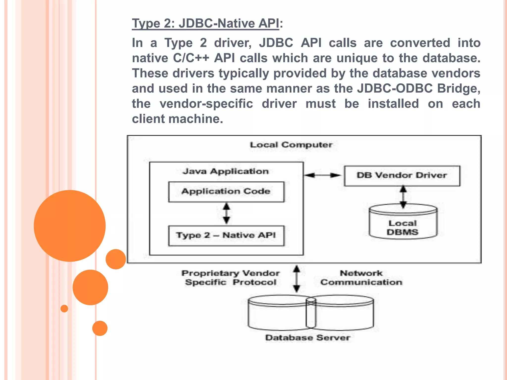 Type 2: JDBC-Native API:

In a Type 2 driver, JDBC API calls are converted into
native C/C++ API calls which are unique to the database.
These drivers typically provided by the database vendors
and used in the same manner as the JDBC-ODBC Bridge,
the vendor-specific driver must be installed on each
client machine.

 