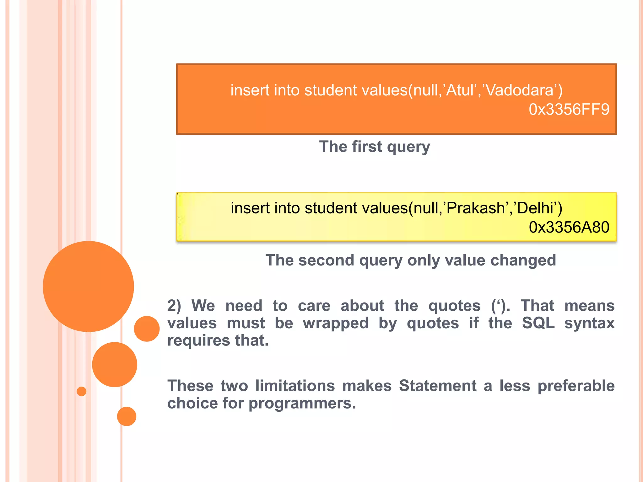 insert into student values(null,’Atul’,’Vadodara’)
0x3356FF9
The first query

insert into student values(null,’Prakash’,’Delhi’)
0x3356A80
The second query only value changed
2) We need to care about the quotes („). That means
values must be wrapped by quotes if the SQL syntax
requires that.

These two limitations makes Statement a less preferable
choice for programmers.

 