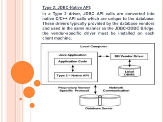 Type 2: JDBC-Native API:

In a Type 2 driver, JDBC API calls are converted into
native C/C++ API calls which are unique to the database.
These drivers typically provided by the database vendors
and used in the same manner as the JDBC-ODBC Bridge,
the vendor-specific driver must be installed on each
client machine.

 