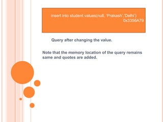 insert into student values(null, ‘Prakash’,’Delhi’)
0x3356A79

Query after changing the value.
Note that the memory location of the query remains
same and quotes are added.

 