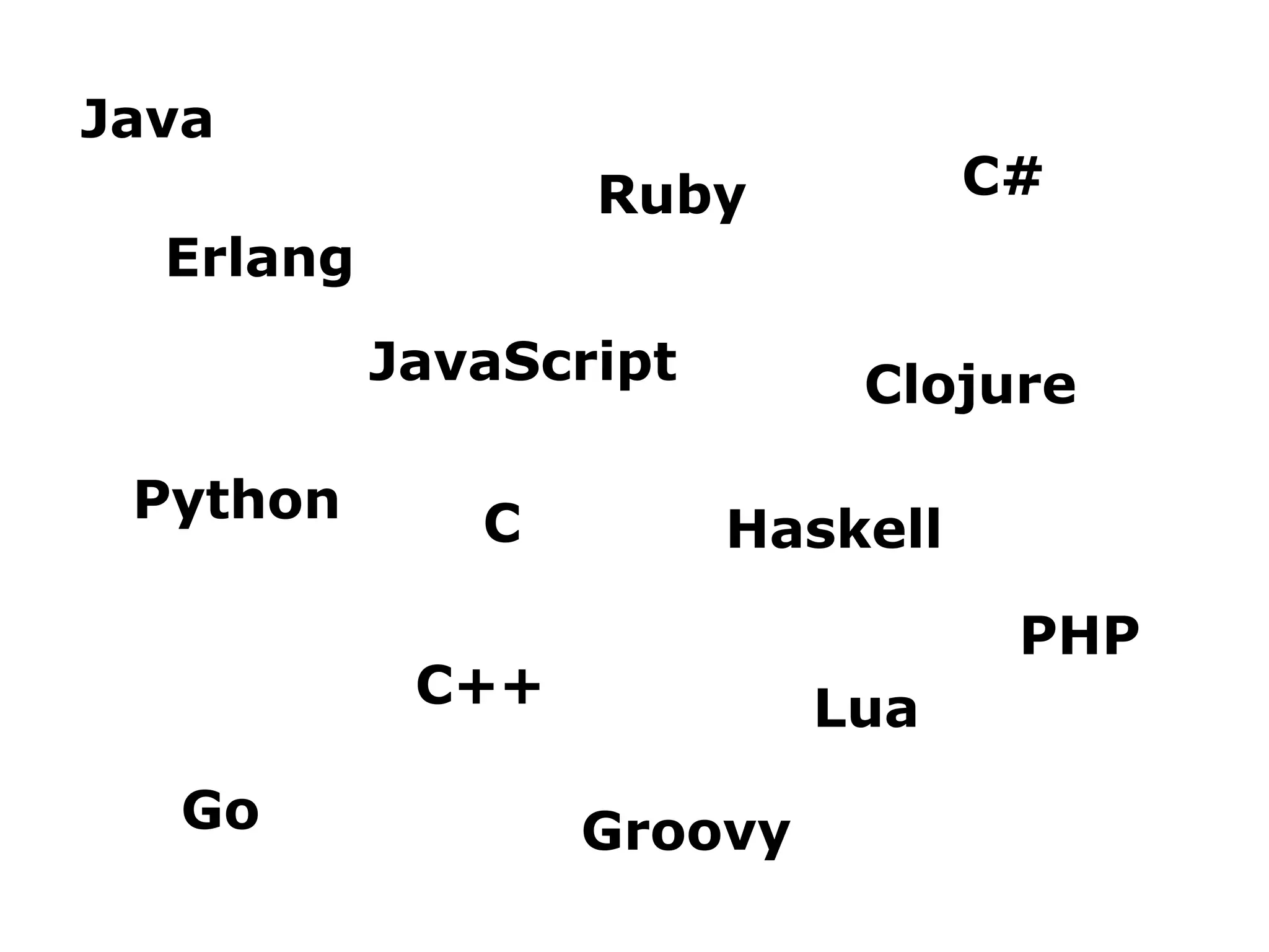 Java
C#

Ruby
Erlang
JavaScript
Python

C

Clojure
Haskell
PHP

C++
Go

Lua
Groovy

 