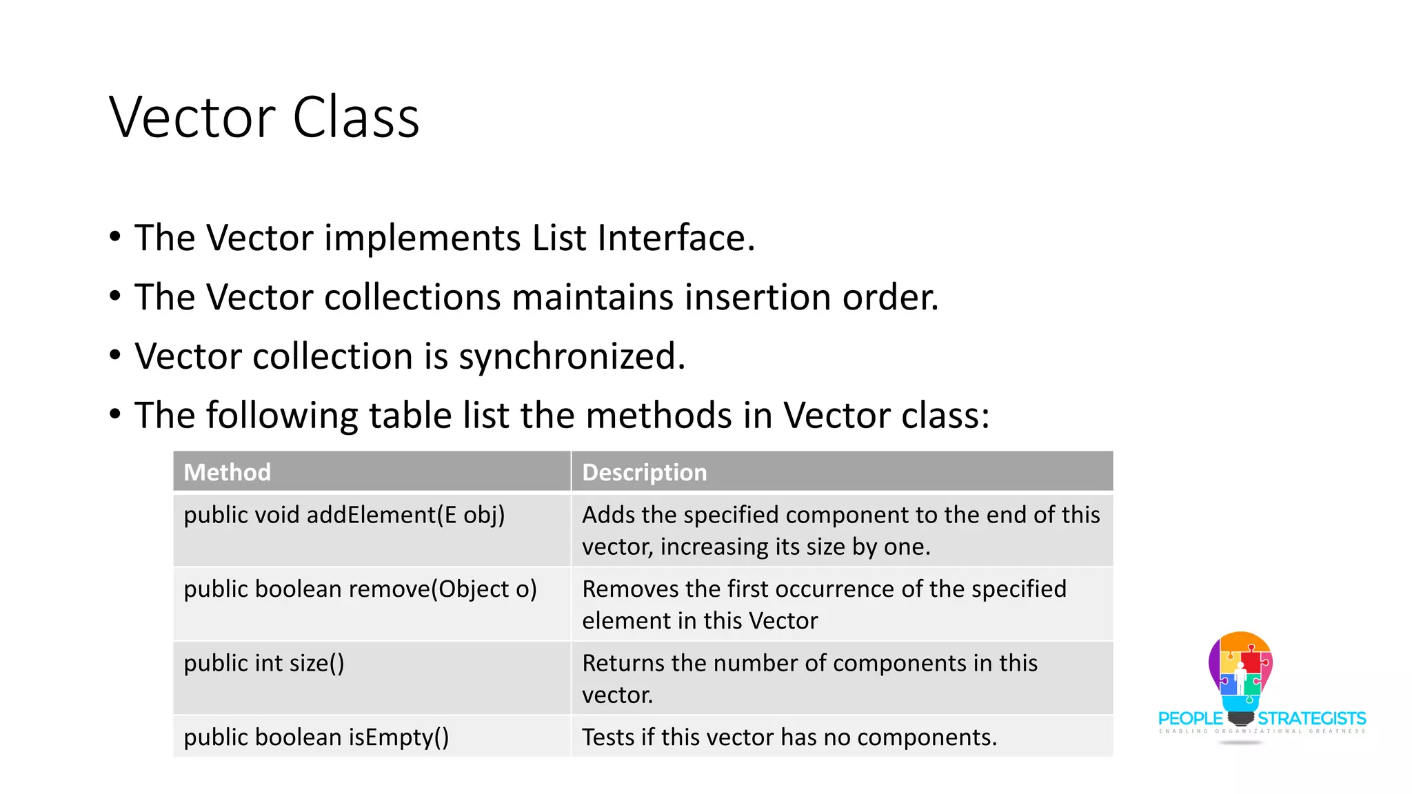Vector Class
• The Vector implements List Interface.
• The Vector collections maintains insertion order.
• Vector collection is synchronized.
• The following table list the methods in Vector class:
Method Description
public void addElement(E obj) Adds the specified component to the end of this
vector, increasing its size by one.
public boolean remove(Object o) Removes the first occurrence of the specified
element in this Vector
public int size() Returns the number of components in this
vector.
public boolean isEmpty() Tests if this vector has no components.
 
