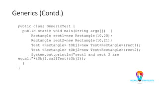 Generics (Contd.)
public class GenericTest {
public static void main(String args[]) {
Rectangle rect1=new Rectangle(10,20);
Rectangle rect2=new Rectangle(10,21);
Test <Rectangle> tObj1=new Test<Rectangle>(rect1);
Test <Rectangle> tObj2=new Test<Rectangle>(rect2);
System.out.println("rect1 and rect 2 are
equal:"+tObj1.callTest(tObj2));
}
}
 