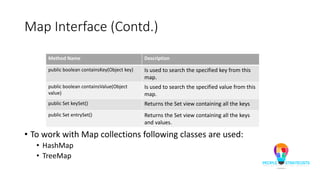 Map Interface (Contd.)
• To work with Map collections following classes are used:
• HashMap
• TreeMap
Method Name Description
public boolean containsKey(Object key) Is used to search the specified key from this
map.
public boolean containsValue(Object
value)
Is used to search the specified value from this
map.
public Set keySet() Returns the Set view containing all the keys
public Set entrySet() Returns the Set view containing all the keys
and values.
 