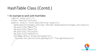 HashTable Class (Contd.)
• An example to work with HashTable:
import java.util.*;
class TestCollection{
public static void main(String args[]){
Hashtable<Integer,String> hm=new Hashtable<Integer,String>();
hm.put(100,"Amit");
hm.put(102,"Ravi");
hm.put(101,"Vijay");
hm.put(103,"Rahul");
for(Map.Entry m:hm.entrySet()){
System.out.println(m.getKey()+" "+m.getValue());
}
}
}
 