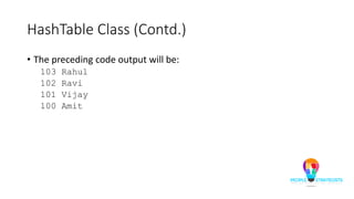 HashTable Class (Contd.)
• The preceding code output will be:
103 Rahul
102 Ravi
101 Vijay
100 Amit
 