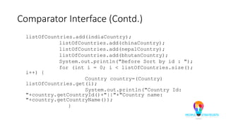 Comparator Interface (Contd.)
listOfCountries.add(indiaCountry);
listOfCountries.add(chinaCountry);
listOfCountries.add(nepalCountry);
listOfCountries.add(bhutanCountry);
System.out.println("Before Sort by id : ");
for (int i = 0; i < listOfCountries.size();
i++) {
Country country=(Country)
listOfCountries.get(i);
System.out.println("Country Id:
"+country.getCountryId()+"||"+"Country name:
"+country.getCountryName());
}
 