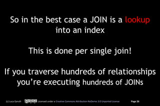 So in the best case a JOIN is a lookup
                into an index

                   This is done per single join!

If you traverse hundreds of relationships
    you’re executing hundreds of JOINs

(c) Luca Garulli     Licensed under a Creative Commons Attribution-NoDerivs 3.0 Unported License   Page 26
 