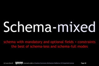 Schema-mixed
schema with mandatory and optional fields + constraints
    the best of schema-less and schema-full modes



(c) Luca Garulli   Licensed under a Creative Commons Attribution-NoDerivs 3.0 Unported License   Page 43
 