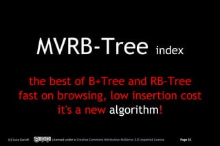 MVRB-Tree                                                             index

         the best of B+Tree and RB-Tree
       fast on browsing, low insertion cost
               it's a new algorithm!

(c) Luca Garulli    Licensed under a Creative Commons Attribution-NoDerivs 3.0 Unported License   Page 51
 